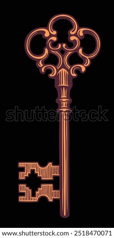 An ancient golden key. Editable hand drawn illustration. Vector vintage engraving. Isolated on black background. 8 EPS