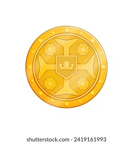 Ancient golden pirate coin. Isolated cartoon vector shiny doubloon, weathered by time, bears intricate engravings of regal figures, telling tales of high-sea adventures and secrets of buried treasures