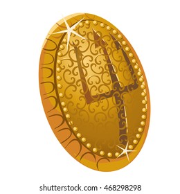 Ancient Golden shield with the image of a Trident isolated on white background. Vector cartoon close-up illustration.
