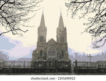 The ancient gothic church of St. Nicholas in Kamianske (Ukraine) against the background of the winter evening sky with silhouettes of bare branches. Vector illustration, EPS 10.Stylized city landscape