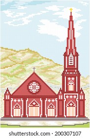 Ancient Gothic Style Church - Illustration of an ancient gothic style Christian church with a tower against the backdrop of a mountain. Square pixels of various colors have been used.