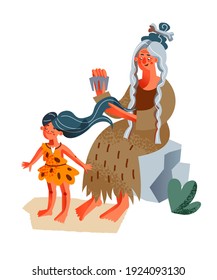 Ancient granny combing hair of girl in Stone Age. Prehistoric times vector illustration. Happy kid with woman isolated on white background. Savage people outdoor in nature.