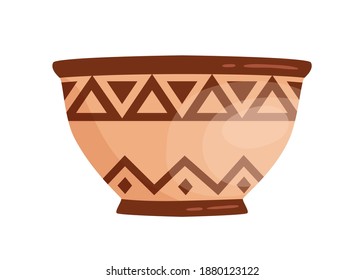 Ancient grecian clay bowl. Antique greek handmade vessel vector flat illustration. Traditional pottery vase or amphora decorated by hellenic ornaments isolated on white background