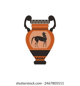 Ancient Greece amphora with patterns and horse image vector flat illustration. Antique vase, old clay jug with decorative handles. Vintage ceramic pitcher pottery isolated on white