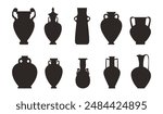 Ancient Greece amphora vector black silhouette set. Greek and Roman old brown clay jug or retro vase with handles. Vintage ceramic pitcher pottery outline isolated on white background