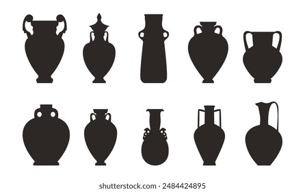 Antike Griechenland Amphora Vektorgrafik Schwarz Silhouette Set. Griechische und römische alte braune Tonkanne oder Retro-Vase mit Griffen. Klassische Keramik Pitcher Keramik Umriss isoliert auf weißem Hintergrund