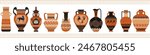 Ancient Greece amphoras with patterns vector flat illustrations set. Antique various shapes and designs vase, old clay jug with decorative handles. Vintage ceramic pitcher museum exhibits collection