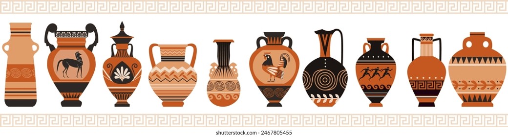 Ancient Greece amphoras with patterns vector flat illustrations set. Antique various shapes and designs vase, old clay jug with decorative handles. Vintage ceramic pitcher museum exhibits collection