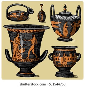 ancient Greece, antique amphora set, vase with life scenes vintage, engraved hand drawn in sketch or wood cut style, old looking retro.