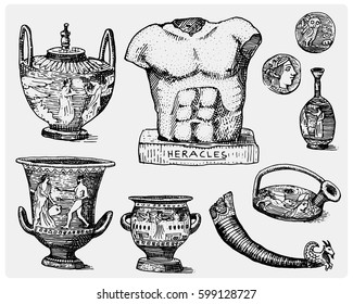 ancient Greece, antique symbols, greek coins, heracles sculpture, amphora vintage, engraved hand drawn in sketch or wood cut style, old looking retro, isolated vector realistic illustration.