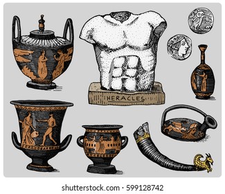 ancient Greece, antique symbols, greek coins, heracles sculpture, anphora vintage, engraved hand drawn in sketch or wood cut style, old looking retro, isolated vector realistic illustration.