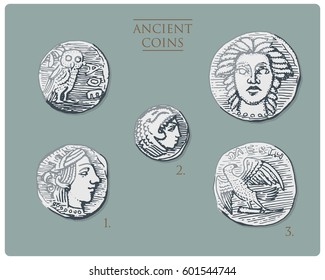 ancient Greece, antique symbols silver coins tetra drachma, medals with hercules, heracles and athena with owl, demetra and eagle vintage, engraved hand drawn in sketch or wood cut style, old looking