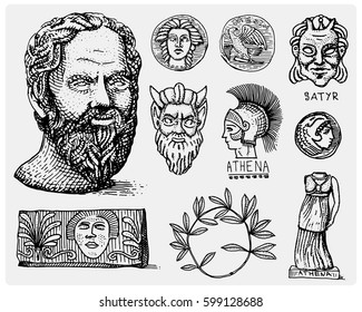 ancient Greece, antique symbols Socrates head, laurel wreath, athena statue and satyr face with coins vintage, engraved hand drawn in sketch or wood cut style, old looking retro