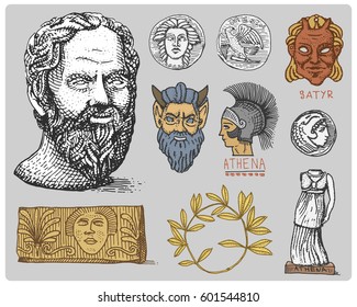 ancient Greece, antique symbols Socrates head, laurel wreath, athena statue and satyr face with coins vintage, engraved hand drawn in sketch or wood cut style, old looking retro