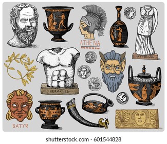 ancient Greece, antique symbols Socrates head, laurel wreath, athena statue and satyr face with coins, amphora, vase, heracles vintage, engraved hand drawn in sketch or wood cut style, old 