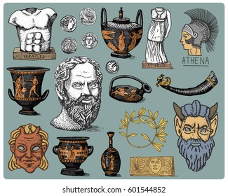 ancient Greece, antique symbols Socrates head, laurel wreath, athena statue and satyr face with coins, amphora, vase, heracles vintage, engraved hand drawn in sketch or wood cut style, old .