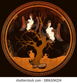 Ancient Greece art. Mythology and legends. Greek vase painting concept. Harpy and old tree. Meander circle style. Red figure techniques 