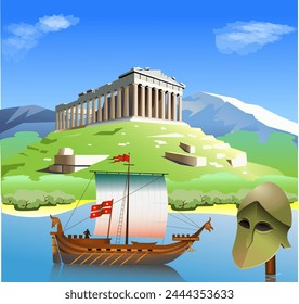 Ancient Greece art poster. Landscape with mountains, architecture, sea and galley vector illustration