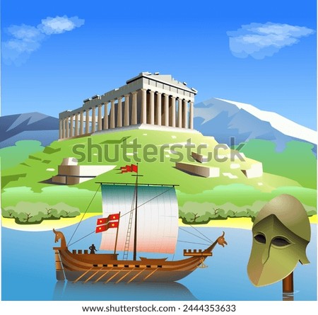 Ancient Greece art poster. Landscape with mountains, architecture, sea and galley vector illustration