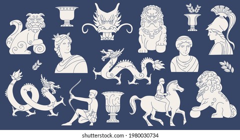 Ancient Greece and Asia antique elements collection. Japanese dragon, Komainu dogs set. Different marble male and female statues in simple cartoon style.