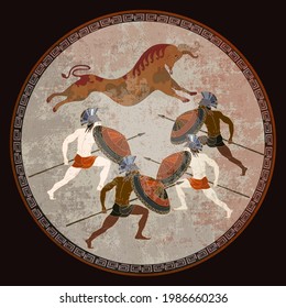 Ancient Greece banner. Classical medieval style. Vector illustration. Hunting for Minotaur. Minoan civilization