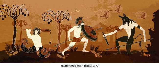 Ancient Greece banner. Hunting for a Minotaur. Classical medieval style. Vector illustration 