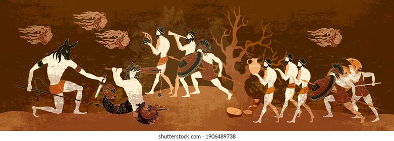 Ancient Greece battle scene. Greek vase painting concept. Meander circle style. Red figure techniques. Mythology and legends. Spartan warrior 