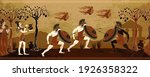 Ancient Greece battle scene. Horizontal seamless pattern. Greek vase painting concept. Spartan warriors. Meander circle style. Red figure techniques. Mythology and legends 