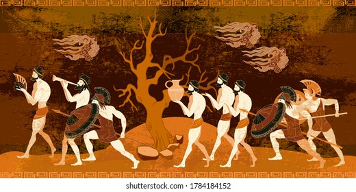 Ancient Greece Battle Scene. Mythology And Legends. Spartan Warrior. Greek Vase Painting Concept. Meander Circle Style. Red Figure Techniques 