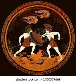 Ancient Greece battle scene. scene. Spartan warriors. Meander circle style. Red figure techniques. Mythology and legends. Greek vase painting concept 