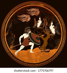 Ancient Greece battle scene. scene. Spartan warrior. Greek vase painting concept. Meander circle style. Red figure techniques. Mythology and legends 