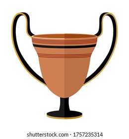 Ancient Greece Clay Kantharos Wine Cup. Antiquity Drinking Kantharos Cup With Patterns. Used In The Greek Feast Flat Vector Illustration Isolated On White Background.