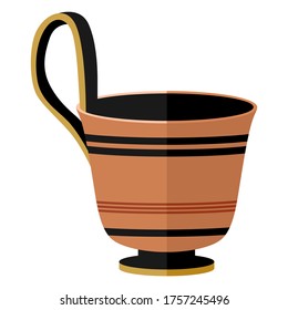 Ancient Greece Clay Kyathos Wine Cup. Antiquity Drinking Kyathos Cup With Patterns. Used In The Greek Feast Flat Vector Illustration Isolated On White Background.