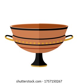 Ancient Greece clay сylix wine cup. Antiquity drinking Kylix cup with patterns. Flat vector illustration isolated on white background.