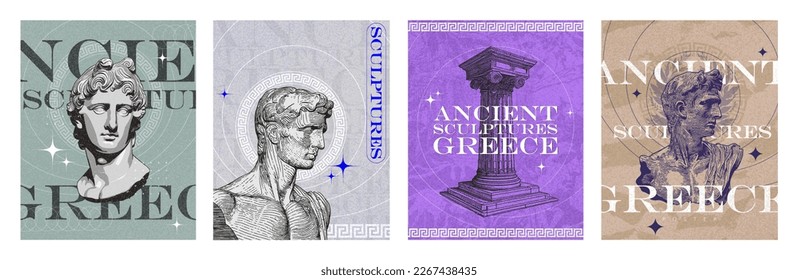 Ancient Greece - collection of minimalistic posters, sculptures and busts in pastel colors. Antiquity of ancient Greece, exhibition, museum. 3D Posters, brochures, flyers for exhibition. Vector set