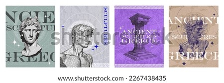 Ancient Greece - collection of minimalistic posters, sculptures and busts in pastel colors. Antiquity of ancient Greece, exhibition, museum. 3D Posters, brochures, flyers for exhibition. Vector set Imagine de stoc © 
