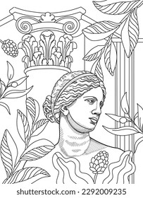 Ancient Greece Coloring page. Hand illustrations, plaster antique statues, Corinthian column, pillar. Drawings for poster. Beautiful drawing with patterns and small details. Coloring book picture