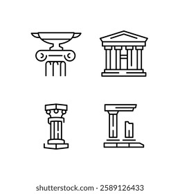 Ancient Greece Columns icons. Set of 4 Ancient Greek trendy minimal icons. Ionic Column, Spartan Helmet. Design signs for web page, mobile app, packaging design. Vector illustration