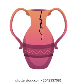 Ancient Greece cracked amphora with traditional ornament vector flat illustration. Greek old clay jug or vase with decorative handles. Vintage broken ceramic pitcher pottery isolated on white