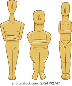 Ancient Greece Cycladic figurines, museum exhibits collection. Historical Greek sculptures, marble decorative idols. Vintage, archaeological stone figures. Vector illustration