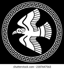 Ancient Greece design. Flying crow illustration in vintage retro style, isolated on black, vector illustration