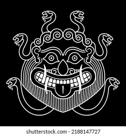 Ancient Greece design. Head of Medusa Gorgon with hair in the form of snakes, drawn in vintage style, isolated on black, vector illustration