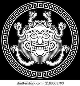 Diseño griego antiguo. Cabeza de Medusa Gorgon con el pelo en forma de serpientes, dibujado en estilo vintage, aislado en ilustración negra, vectorial