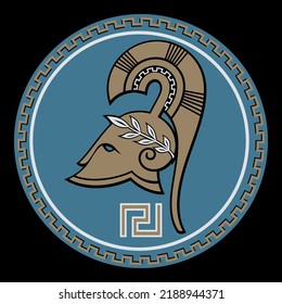 Ancient Greece design. Ancient Spartan helmet and Greek ornament meander, isolated on black, vector illustration