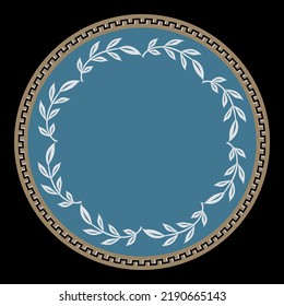 Ancient Greece design. Ancient Spartan shield and Greek ornament meander, isolated on black, vector illustration