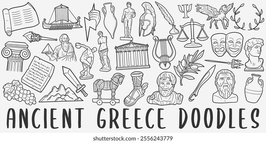 Ancient Greece Doodle Icons Black and White Line Art. Classical History Clipart Hand Drawn Symbol Design.