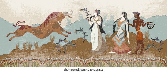 Ancient Greece frescos. Minoan civilization. Jumping bulls and people. Knossos murals mythology. History of Crete. Heraklion 