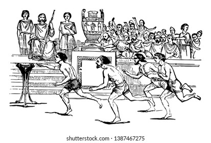 An Ancient Greece game, they were held both the year before and the year after the Olympic Games, vintage line drawing or engraving illustration.