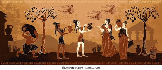 Ancient Greece. Goddesses And People. Black Figure Pottery Style. Ancient Greek Mythology. Old History And Culture 