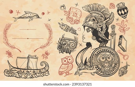 Ancient Greece. Historical myths heroes and legends. Old paper vector. Cover page template. Athena. Owl, head statue, old boat, golden fleece